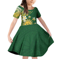 Cook Islands 15 Finest Family Matching Off Shoulder Short Dress and Hawaiian Shirt Plumeria Polynesian Turtle LT05 Daughter's Dress Green - Polynesian Pride
