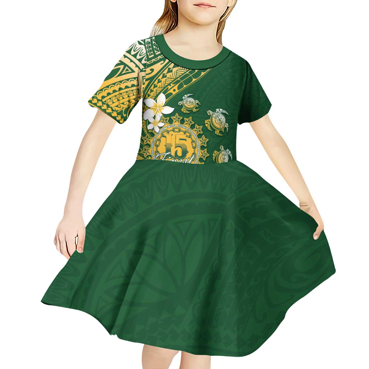 Cook Islands 15 Finest Kid Short Sleeve Dress Plumeria Polynesian Turtle