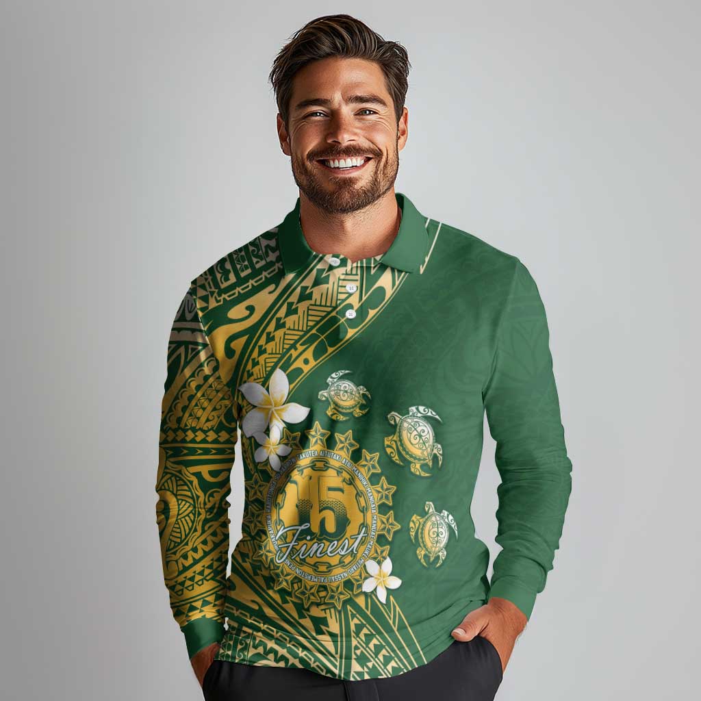Cook Islands 15 Finest Long Sleeve Polo Shirt Plumeria Polynesian Turtle