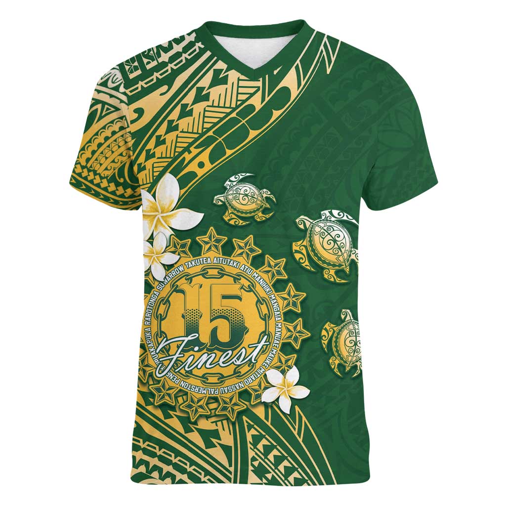 Cook Islands 15 Finest Women V-Neck T-Shirt Plumeria Polynesian Turtle