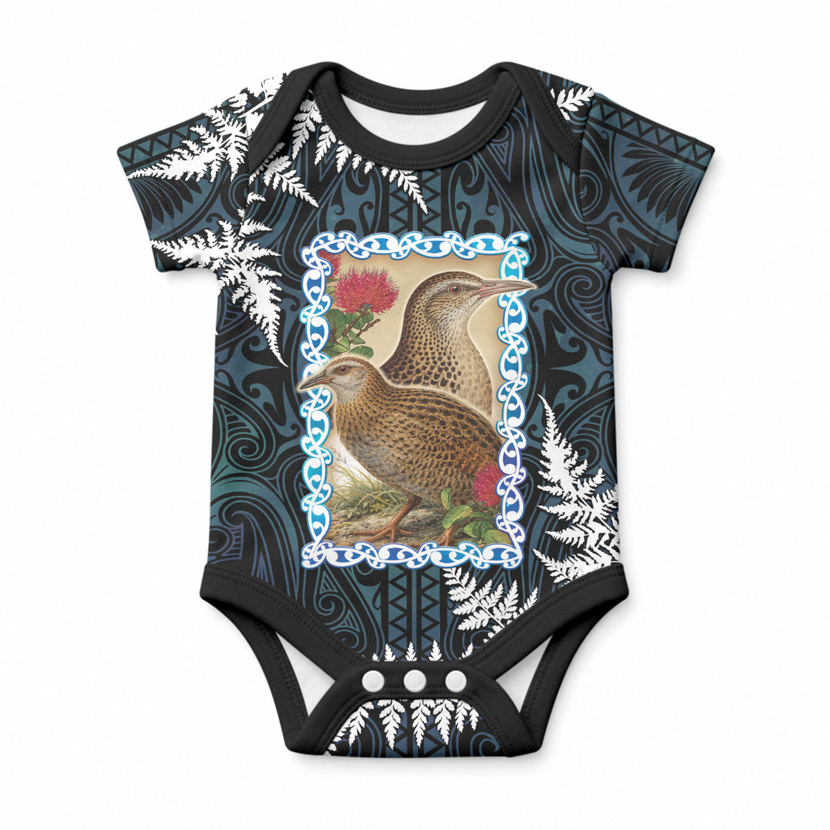 New Zealand Weka Baby Onesie Maori Hen Koru Pattern LT05 Black - Polynesian Pride