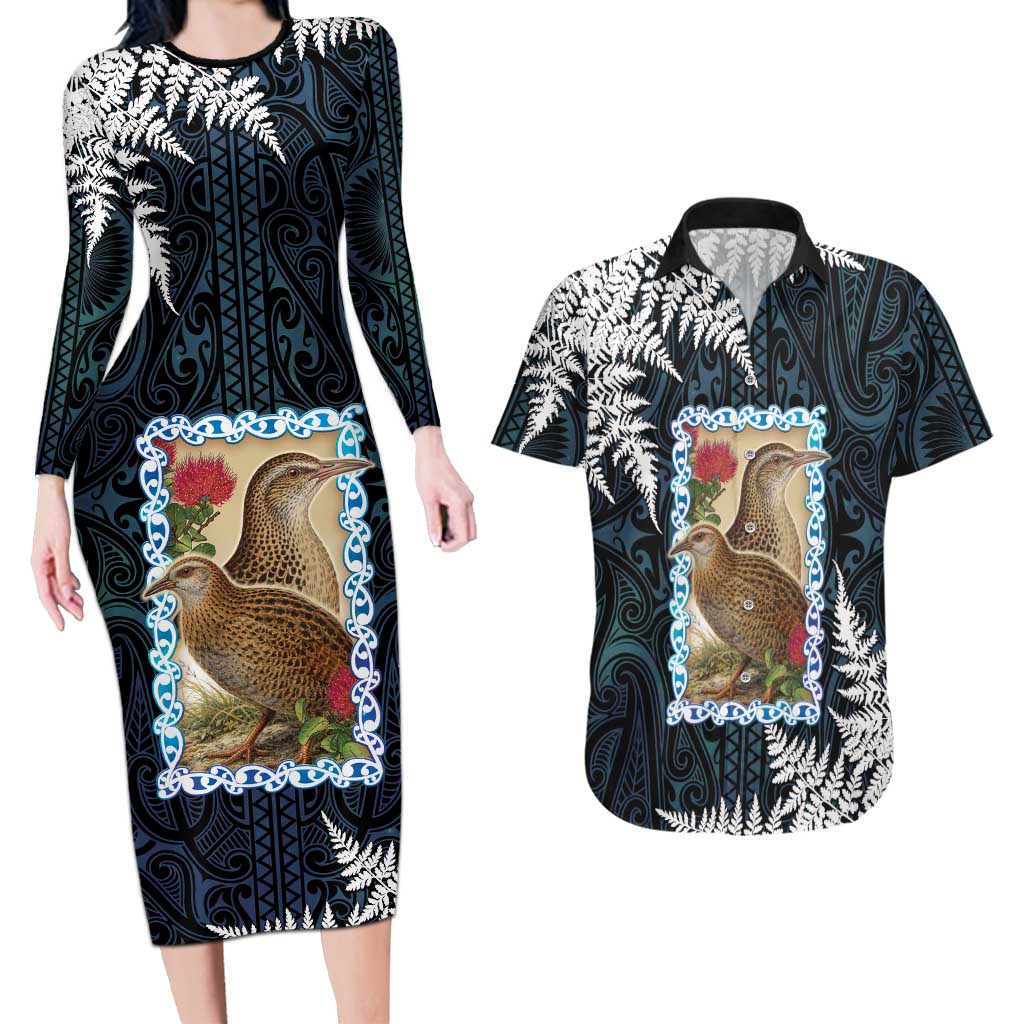 New Zealand Weka Couples Matching Long Sleeve Bodycon Dress and Hawaiian Shirt Maori Hen Koru Pattern - Polynesian Pride