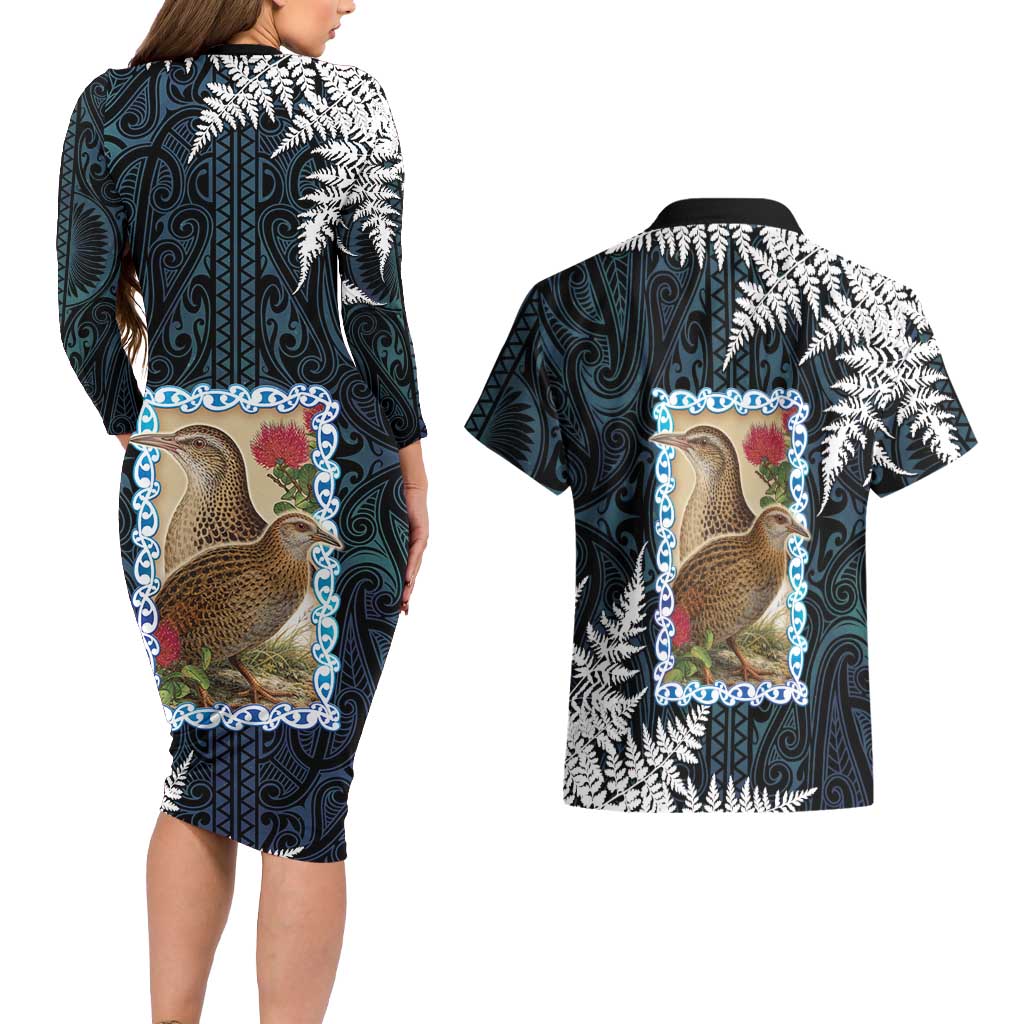 New Zealand Weka Couples Matching Long Sleeve Bodycon Dress and Hawaiian Shirt Maori Hen Koru Pattern - Polynesian Pride