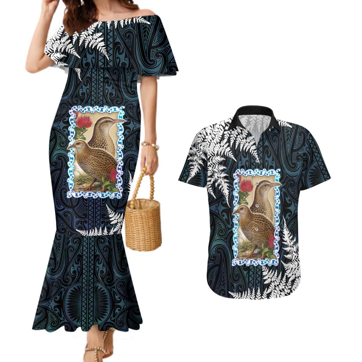 New Zealand Weka Couples Matching Mermaid Dress and Hawaiian Shirt Maori Hen Koru Pattern - Polynesian Pride