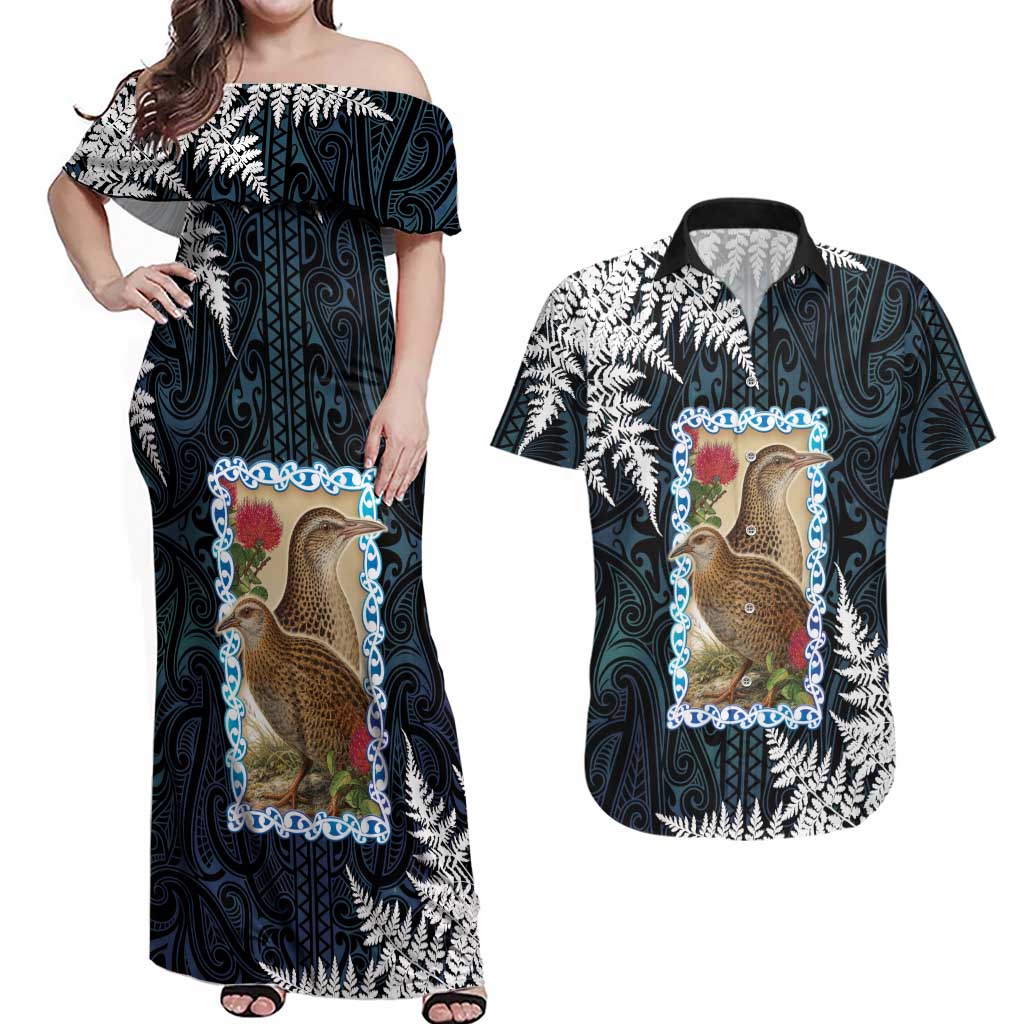 New Zealand Weka Couples Matching Off Shoulder Maxi Dress and Hawaiian Shirt Maori Hen Koru Pattern - Polynesian Pride