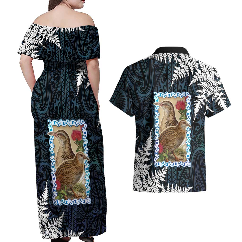 New Zealand Weka Couples Matching Off Shoulder Maxi Dress and Hawaiian Shirt Maori Hen Koru Pattern - Polynesian Pride