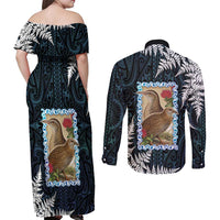 New Zealand Weka Couples Matching Off Shoulder Maxi Dress and Long Sleeve Button Shirt Maori Hen Koru Pattern - Polynesian Pride