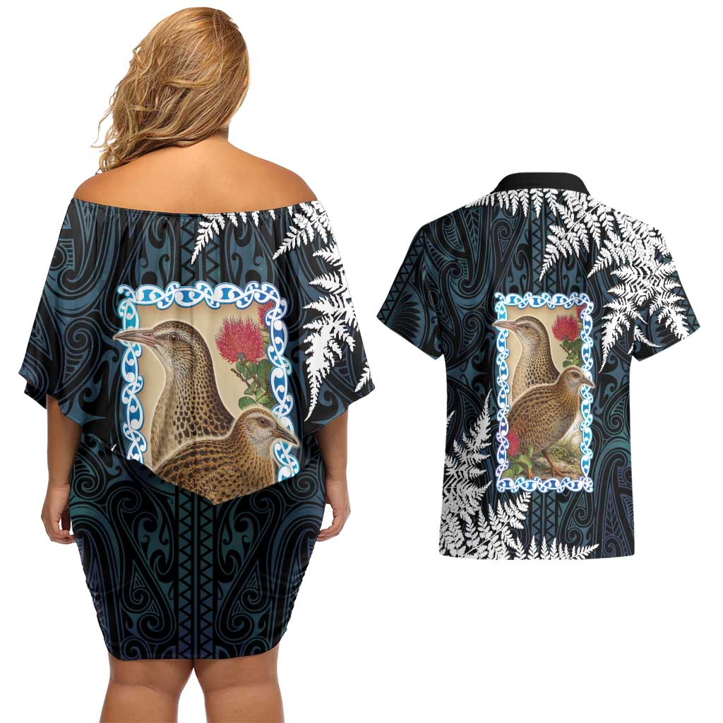 New Zealand Weka Couples Matching Off Shoulder Short Dress and Hawaiian Shirt Maori Hen Koru Pattern - Polynesian Pride