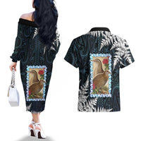 New Zealand Weka Couples Matching Off The Shoulder Long Sleeve Dress and Hawaiian Shirt Maori Hen Koru Pattern - Polynesian Pride
