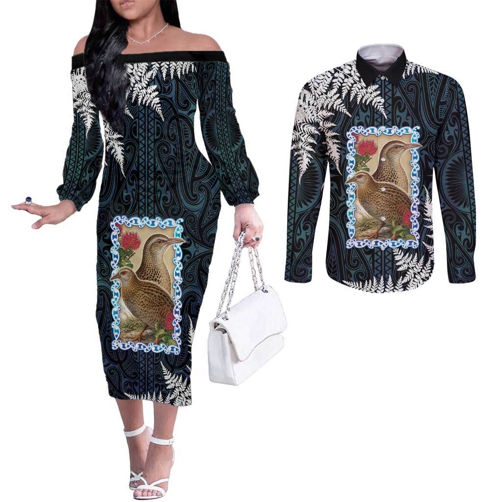 New Zealand Weka Couples Matching Off The Shoulder Long Sleeve Dress and Long Sleeve Button Shirt Maori Hen Koru Pattern - Polynesian Pride