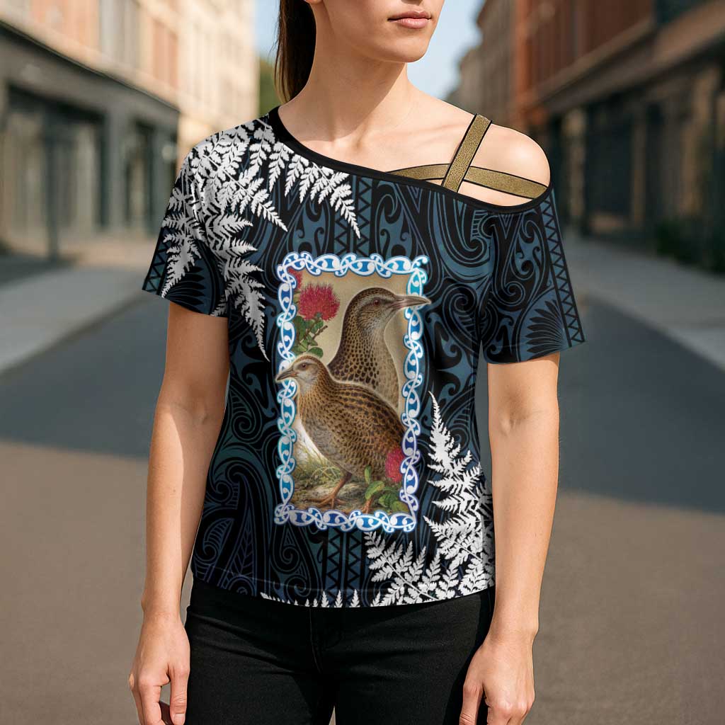 New Zealand Weka Cross Shoulder Shirt Maori Hen Koru Pattern - Polynesian Pride