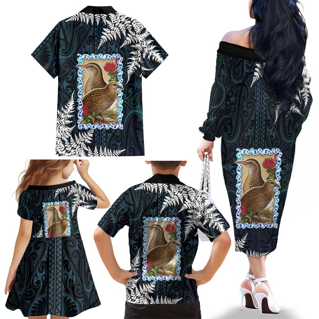 New Zealand Weka Family Matching Off The Shoulder Long Sleeve Dress and Hawaiian Shirt Maori Hen Koru Pattern LT05 - Polynesian Pride