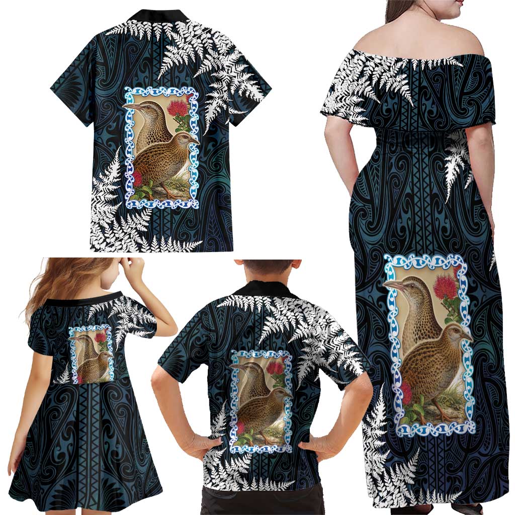 New Zealand Weka Family Matching Off Shoulder Maxi Dress and Hawaiian Shirt Maori Hen Koru Pattern LT05 - Polynesian Pride