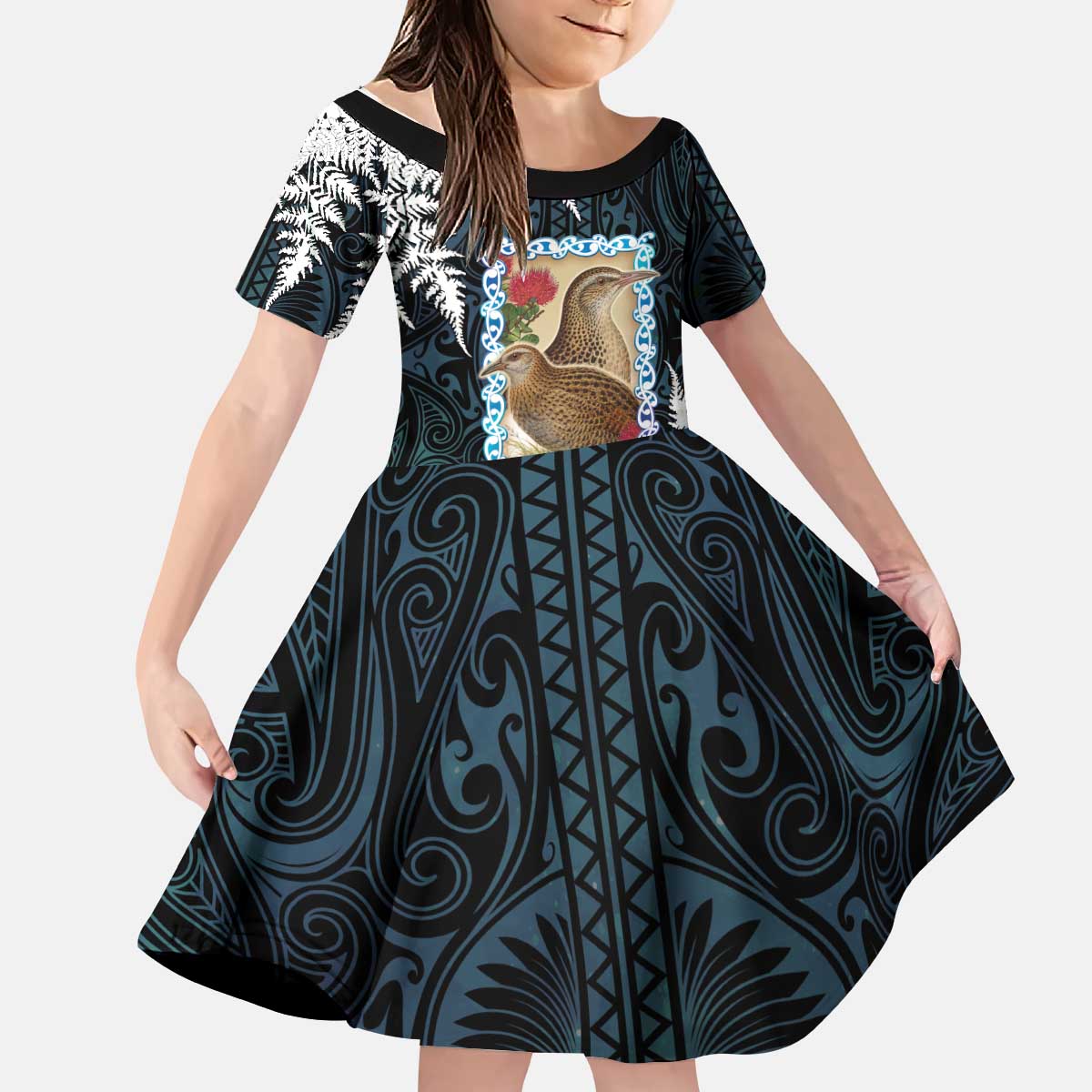 New Zealand Weka Kid Short Sleeve Dress Maori Hen Koru Pattern - Polynesian Pride