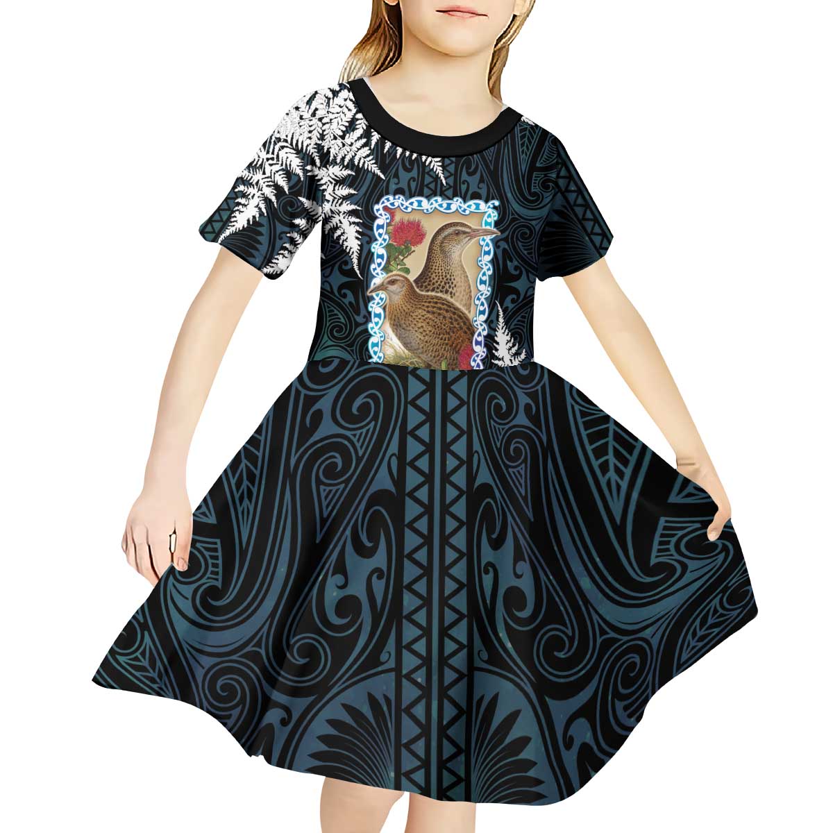 New Zealand Weka Kid Short Sleeve Dress Maori Hen Koru Pattern - Polynesian Pride