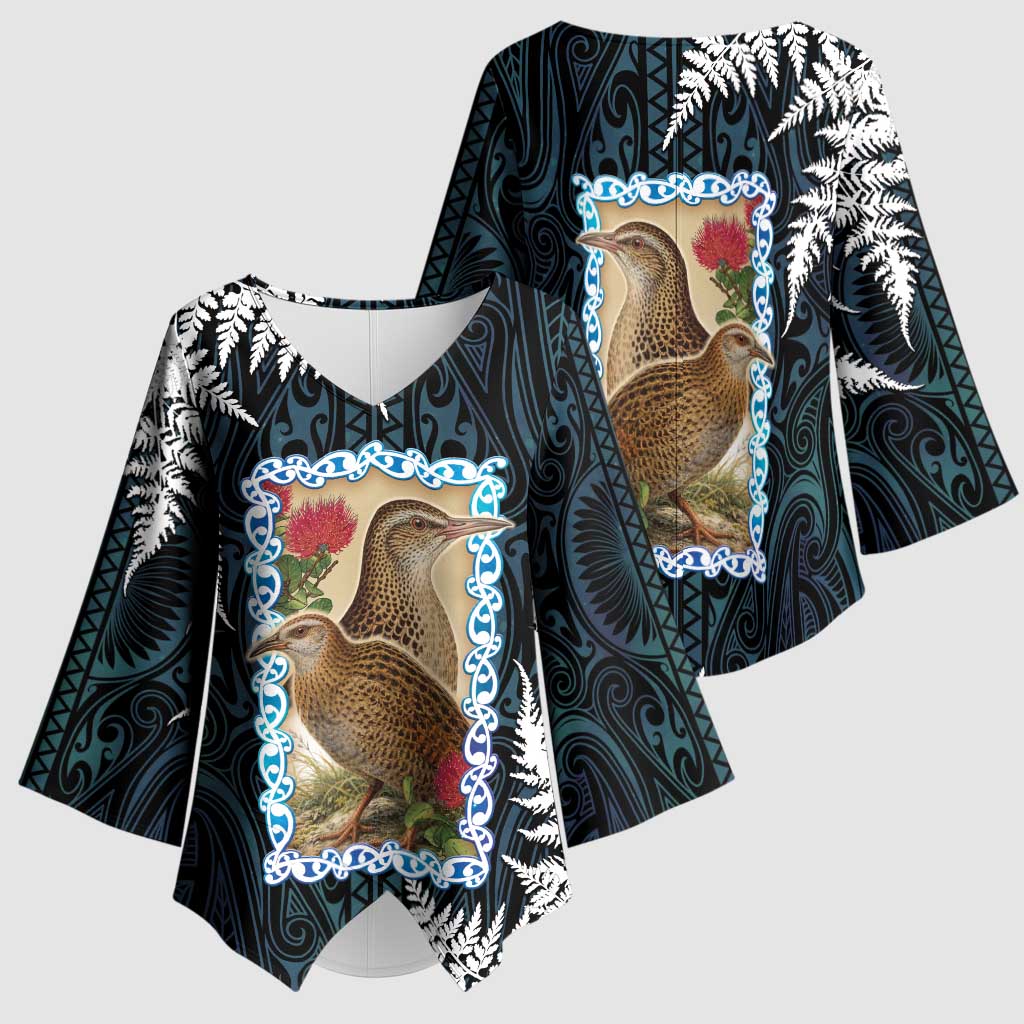 New Zealand Weka Kimono Sleeve Blouse Maori Hen Koru Pattern - Polynesian Pride