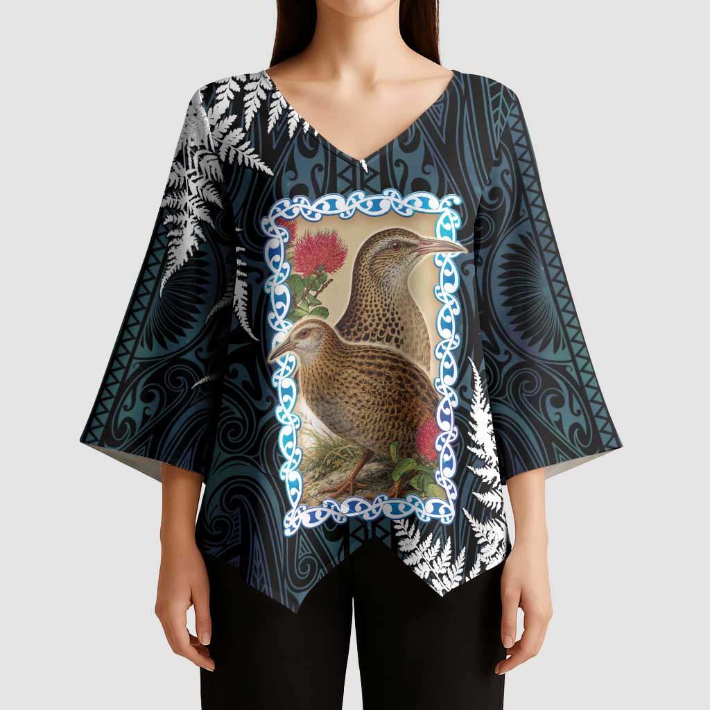 New Zealand Weka Kimono Sleeve Blouse Maori Hen Koru Pattern - Polynesian Pride