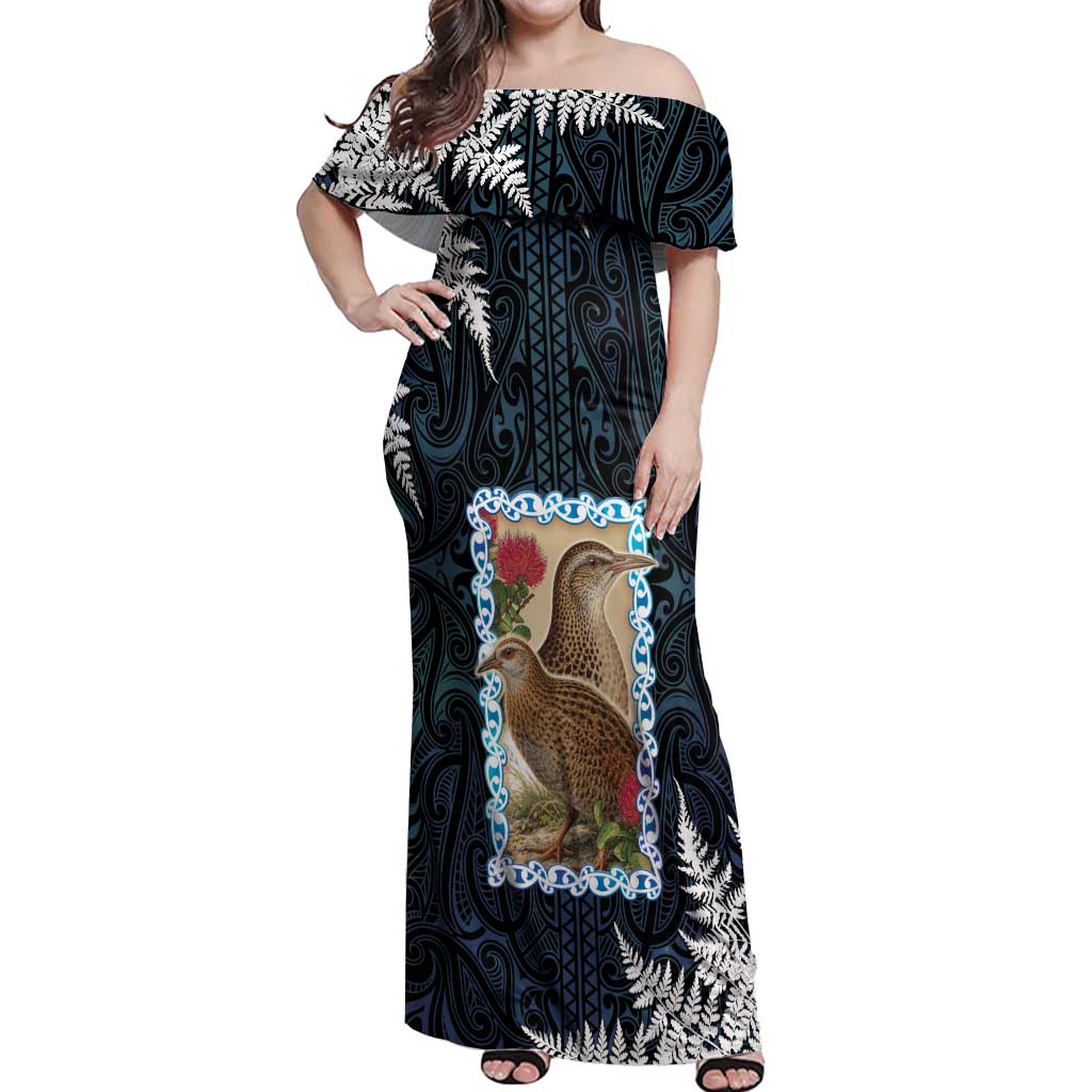 New Zealand Weka Off Shoulder Maxi Dress Maori Hen Koru Pattern - Polynesian Pride