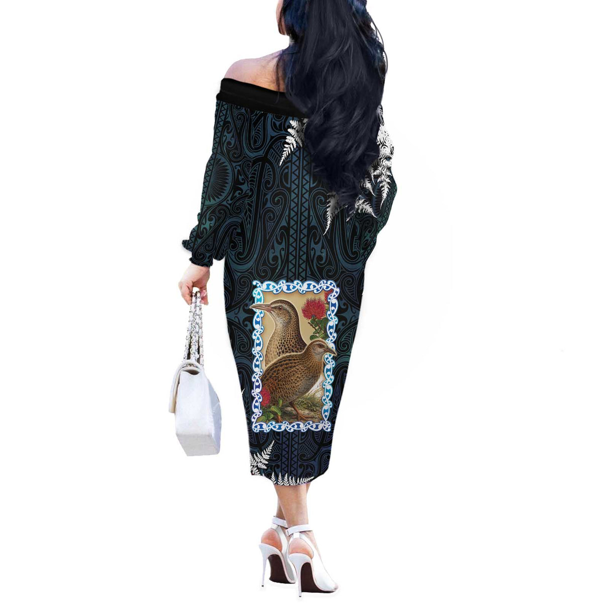 New Zealand Weka Off The Shoulder Long Sleeve Dress Maori Hen Koru Pattern - Polynesian Pride