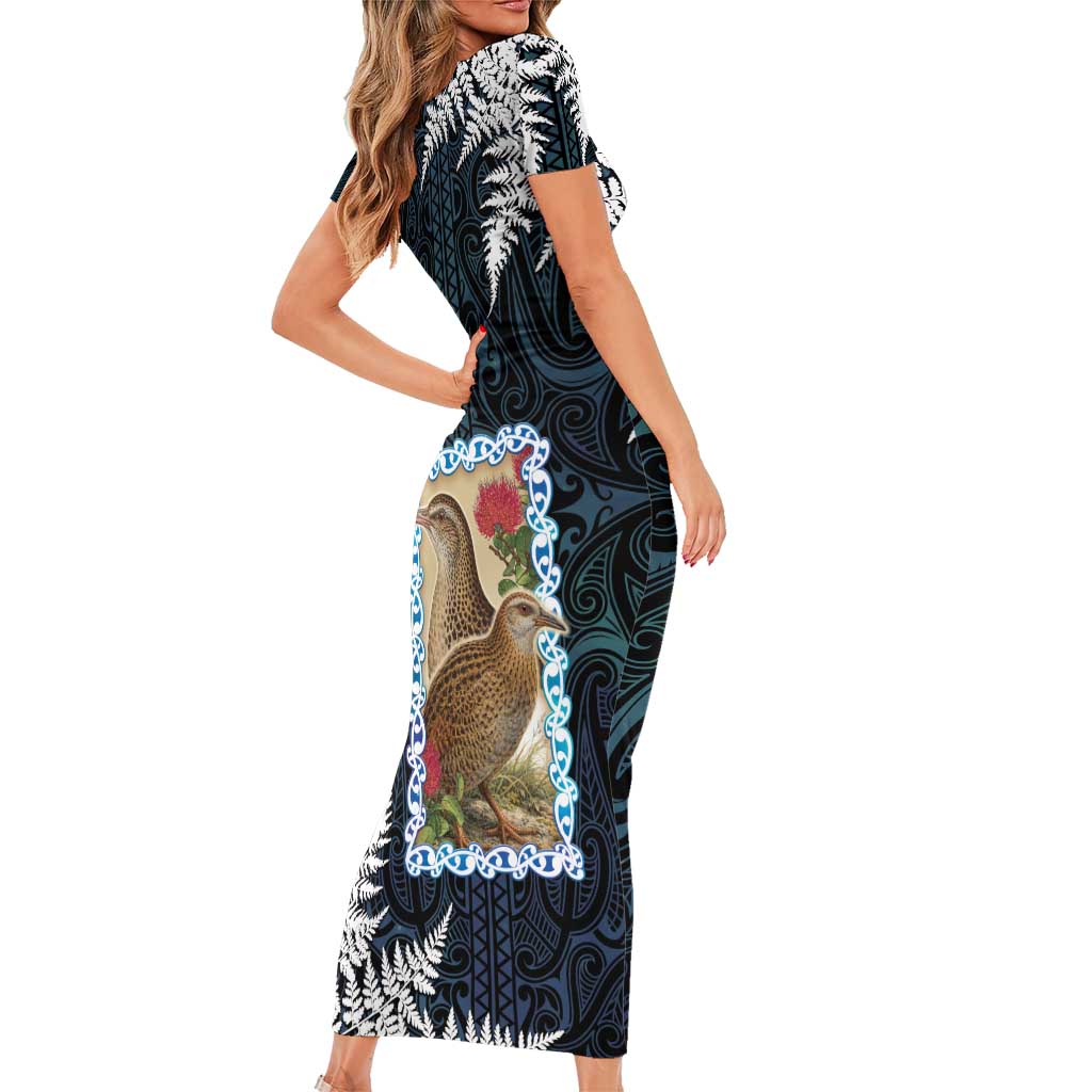 New Zealand Weka Short Sleeve Bodycon Dress Maori Hen Koru Pattern - Polynesian Pride