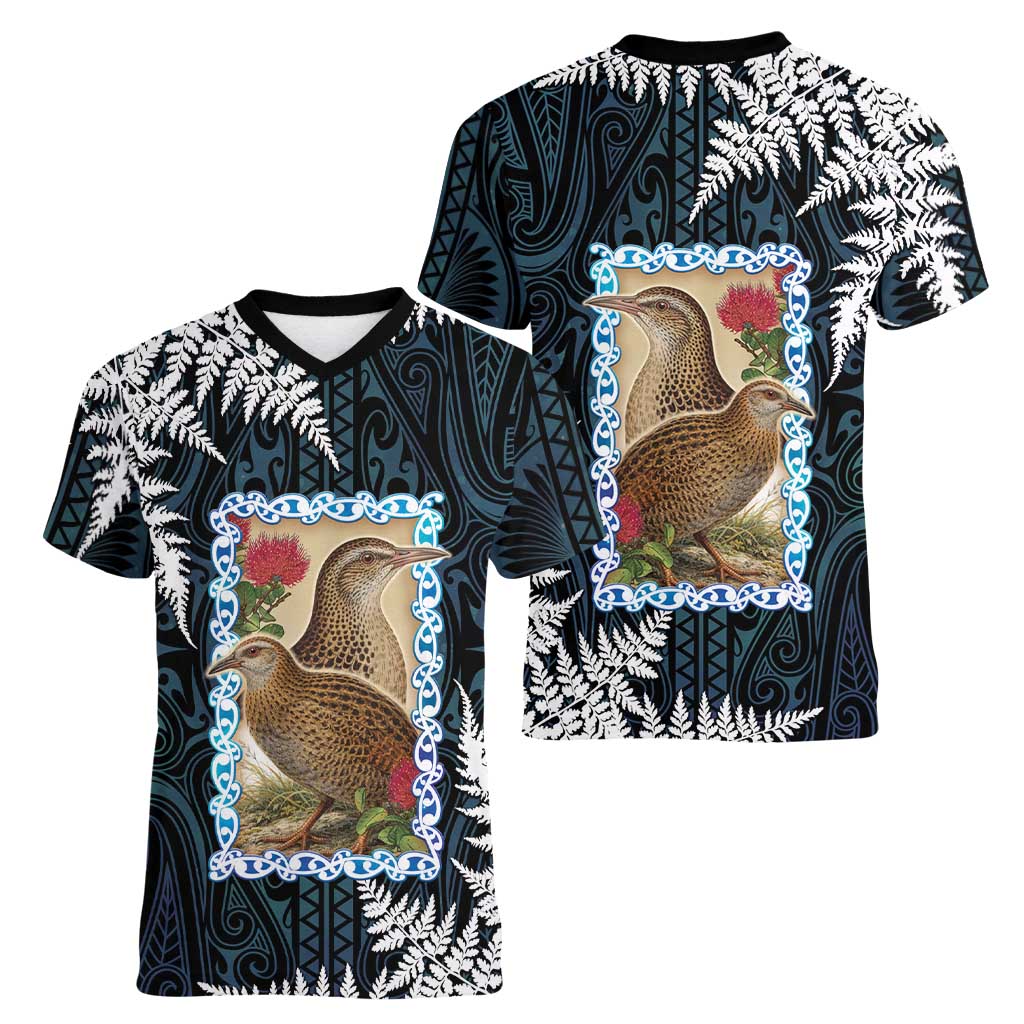 New Zealand Weka Women V-Neck T-Shirt Maori Hen Koru Pattern - Polynesian Pride