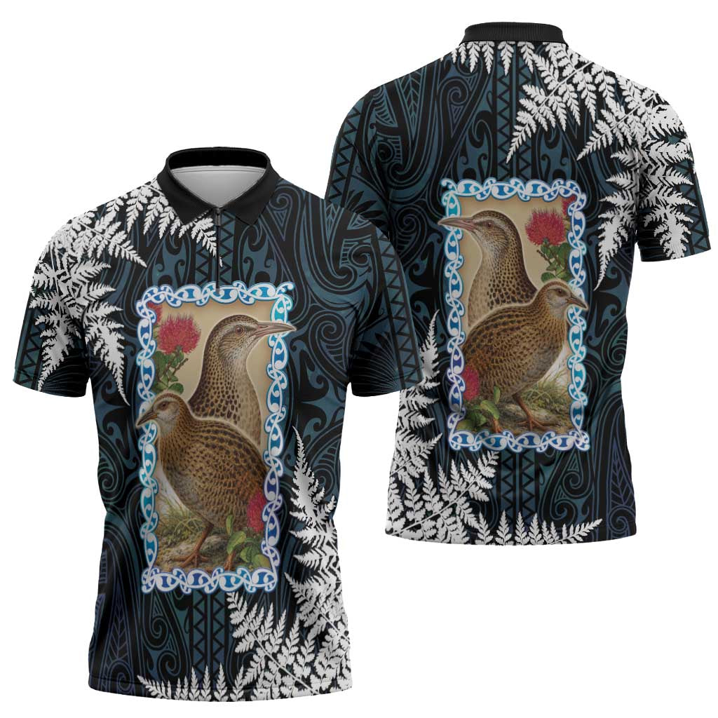 New Zealand Weka Zipper Polo Shirt Maori Hen Koru Pattern - Polynesian Pride