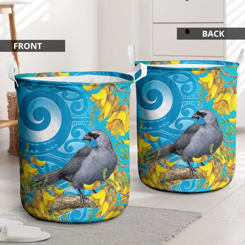 New Zealand Kokako Bird Laundry Basket Maori Koru With Kowhai Flowers - Polynesian Pride