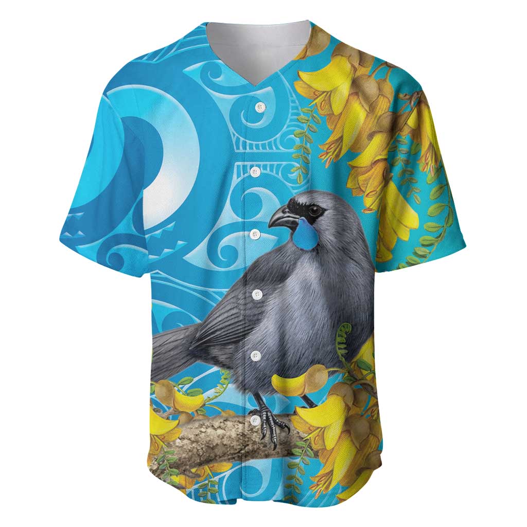 New Zealand Kokako Bird Baseball Jersey Maori Koru With Kowhai Flowers - Polynesian Pride