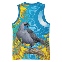 New Zealand Kokako Bird Basketball Jersey Maori Koru With Kowhai Flowers LT05 - Polynesian Pride