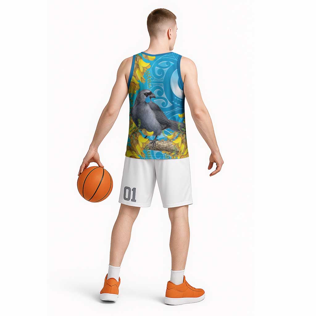 New Zealand Kokako Bird Basketball Jersey Maori Koru With Kowhai Flowers LT05 - Polynesian Pride