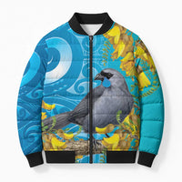New Zealand Kokako Bird Bomber Puffer Jacket Maori Koru With Kowhai Flowers - Polynesian Pride