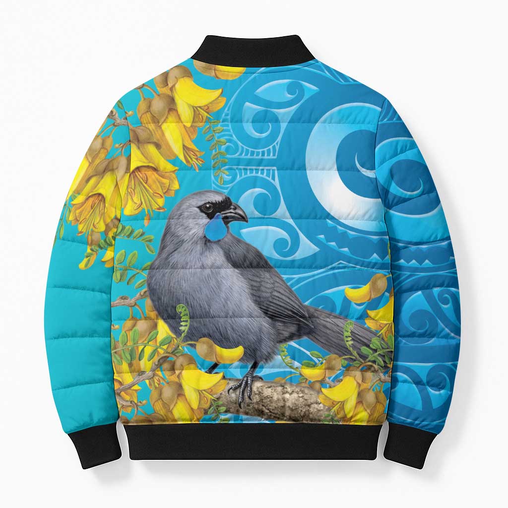 New Zealand Kokako Bird Bomber Puffer Jacket Maori Koru With Kowhai Flowers - Polynesian Pride