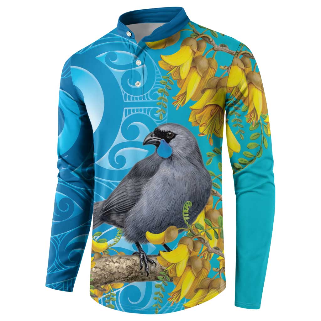 New Zealand Kokako Bird Button Sweatshirt Maori Koru With Kowhai Flowers - Polynesian Pride