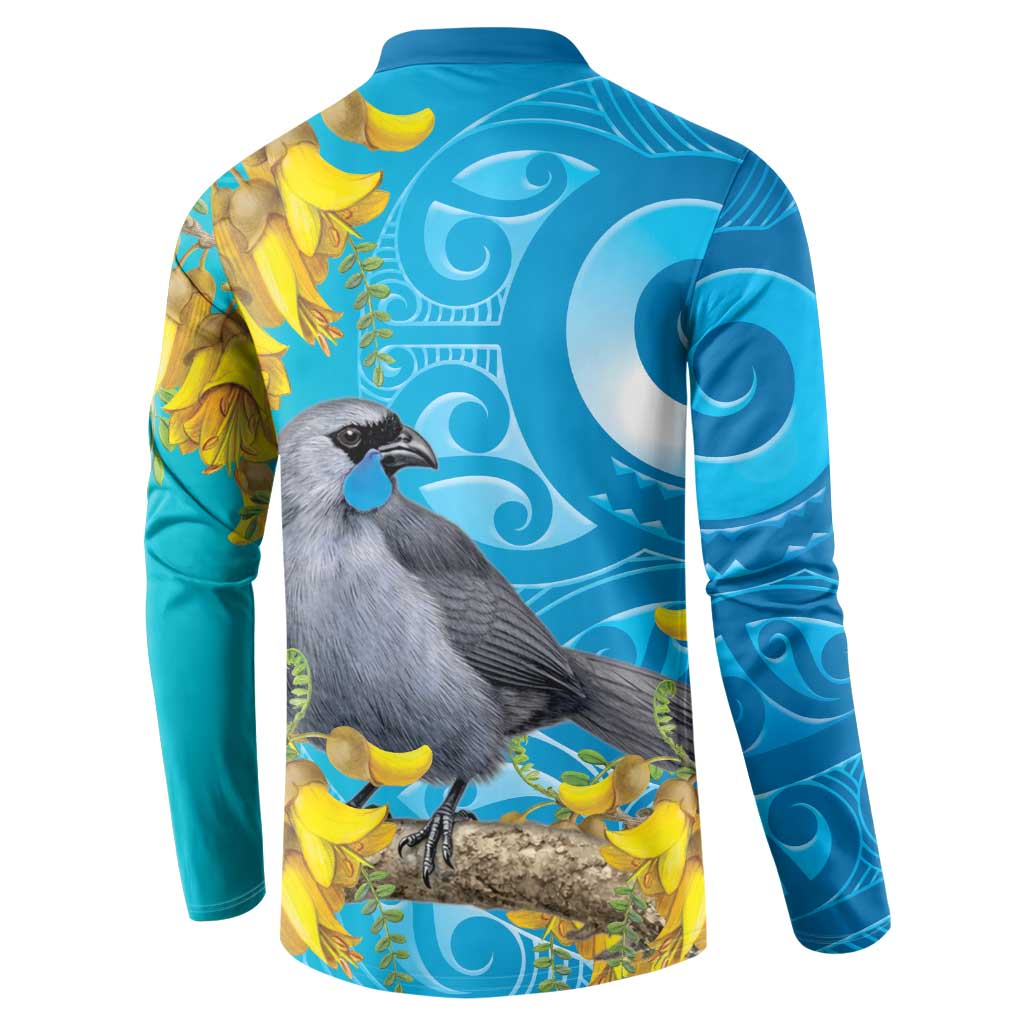 New Zealand Kokako Bird Button Sweatshirt Maori Koru With Kowhai Flowers - Polynesian Pride