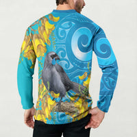 New Zealand Kokako Bird Button Sweatshirt Maori Koru With Kowhai Flowers - Polynesian Pride