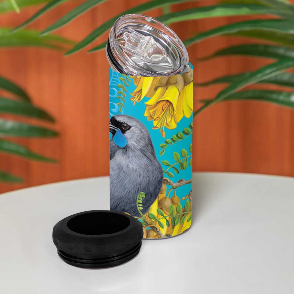 New Zealand Kokako Bird 4 in 1 Can Cooler Tumbler Maori Koru With Kowhai Flowers LT05 - Polynesian Pride