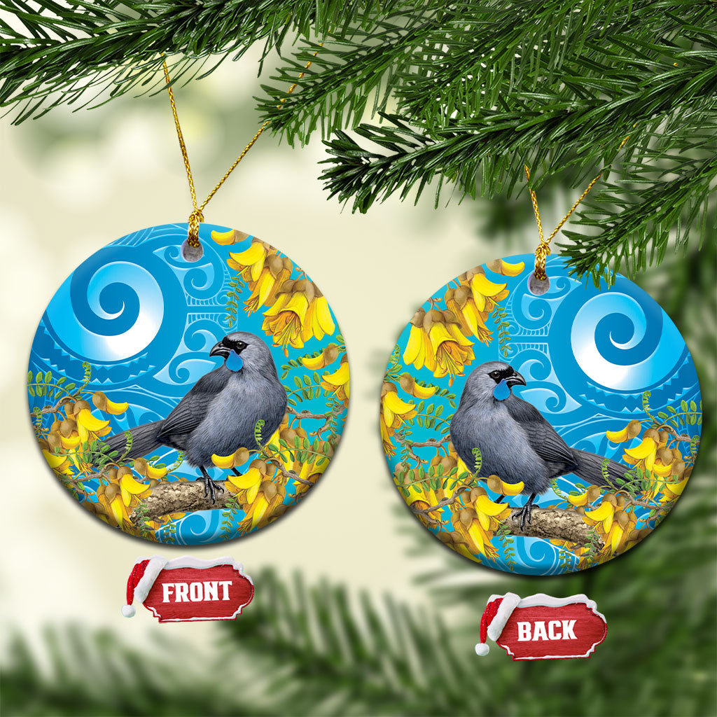 New Zealand Kokako Bird Ceramic Ornament Maori Koru With Kowhai Flowers LT05 Circle Aqua - Polynesian Pride