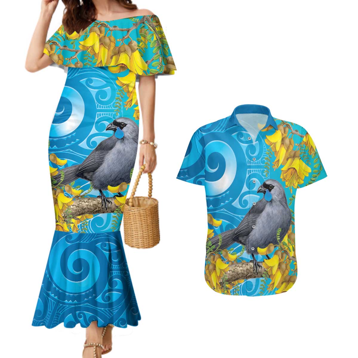 New Zealand Kokako Bird Couples Matching Mermaid Dress and Hawaiian Shirt Maori Koru With Kowhai Flowers LT05 Aqua - Polynesian Pride