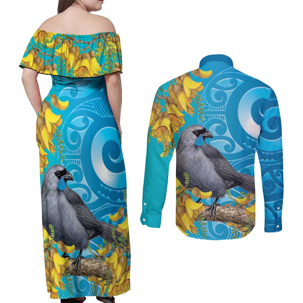 New Zealand Kokako Bird Couples Matching Off Shoulder Maxi Dress and Long Sleeve Button Shirt Maori Koru With Kowhai Flowers LT05 - Polynesian Pride
