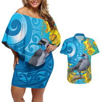 New Zealand Kokako Bird Couples Matching Off Shoulder Short Dress and Hawaiian Shirt Maori Koru With Kowhai Flowers LT05 Aqua - Polynesian Pride