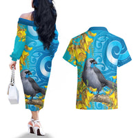 New Zealand Kokako Bird Couples Matching Off The Shoulder Long Sleeve Dress and Hawaiian Shirt Maori Koru With Kowhai Flowers LT05 - Polynesian Pride