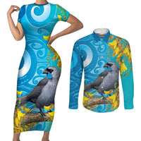 New Zealand Kokako Bird Couples Matching Short Sleeve Bodycon Dress and Long Sleeve Button Shirt Maori Koru With Kowhai Flowers LT05 Aqua - Polynesian Pride