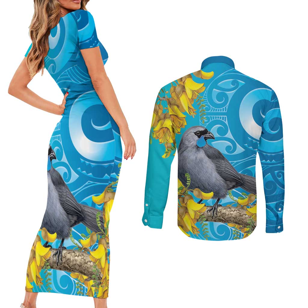 New Zealand Kokako Bird Couples Matching Short Sleeve Bodycon Dress and Long Sleeve Button Shirt Maori Koru With Kowhai Flowers LT05 - Polynesian Pride