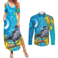 New Zealand Kokako Bird Couples Matching Summer Maxi Dress and Long Sleeve Button Shirt Maori Koru With Kowhai Flowers LT05 Aqua - Polynesian Pride