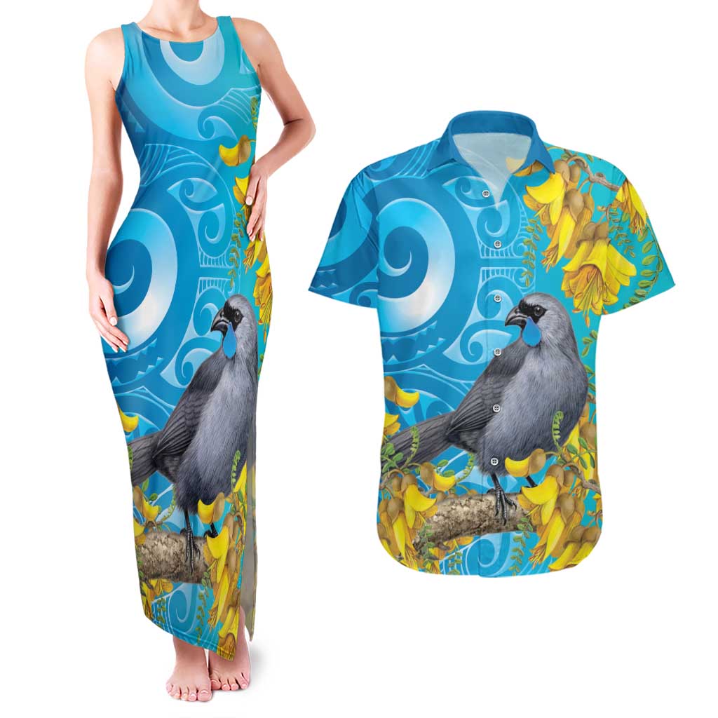 New Zealand Kokako Bird Couples Matching Tank Maxi Dress and Hawaiian Shirt Maori Koru With Kowhai Flowers LT05 Aqua - Polynesian Pride