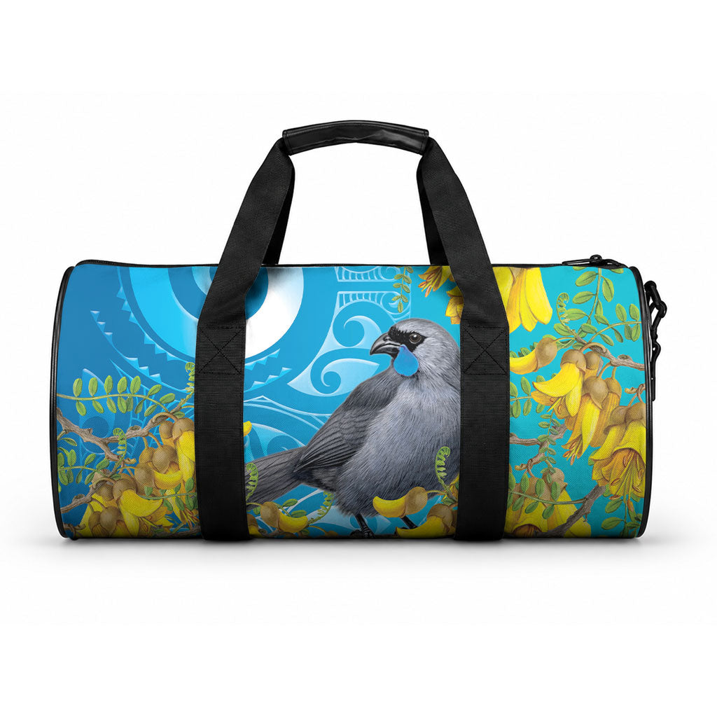 New Zealand Kokako Bird Duffle Bag Maori Koru With Kowhai Flowers LT05 One size Aqua - Polynesian Pride