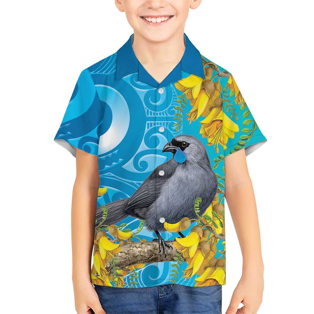 New Zealand Kokako Bird Family Matching Off The Shoulder Long Sleeve Dress and Hawaiian Shirt Maori Koru With Kowhai Flowers LT05 Son's Shirt Aqua - Polynesian Pride