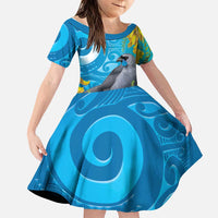 New Zealand Kokako Bird Family Matching Off Shoulder Maxi Dress and Hawaiian Shirt Maori Koru With Kowhai Flowers LT05 Daughter's Dress Aqua - Polynesian Pride