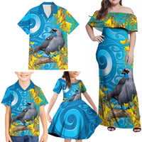 New Zealand Kokako Bird Family Matching Off Shoulder Maxi Dress and Hawaiian Shirt Maori Koru With Kowhai Flowers LT05 - Polynesian Pride