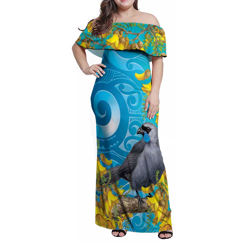 New Zealand Kokako Bird Family Matching Off Shoulder Maxi Dress and Hawaiian Shirt Maori Koru With Kowhai Flowers LT05 Mom's Dress Aqua - Polynesian Pride